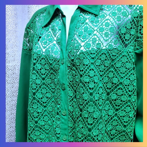 Vintage  Mint Green Lace Overlay Button Down Blouse - Picture 5 of 13